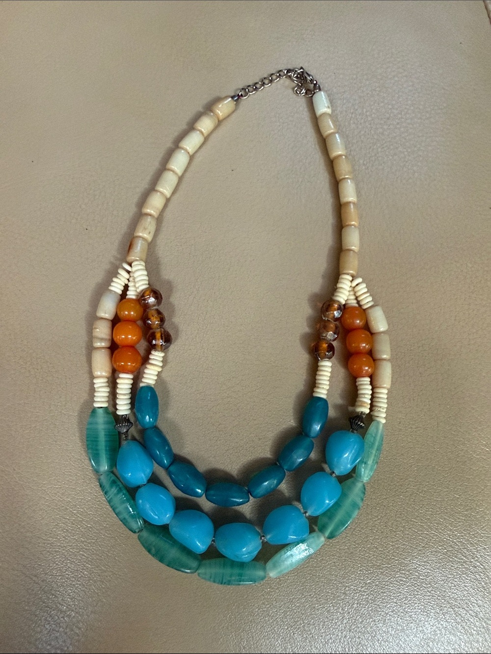Nepali Turquoise and Orange Multi-Strand Beaded Necklace